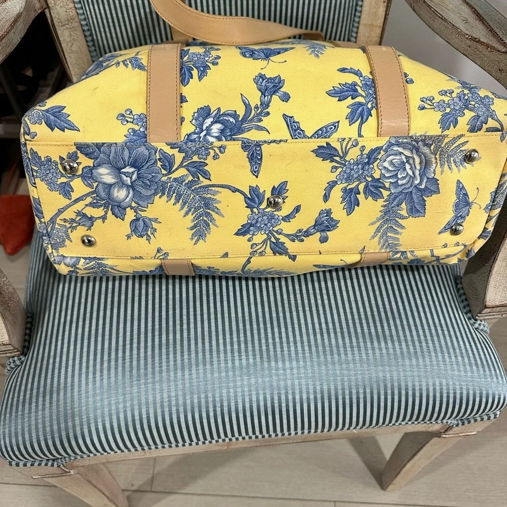 Talbots Yellow Floral Tote with Blue Print and Tan Straps